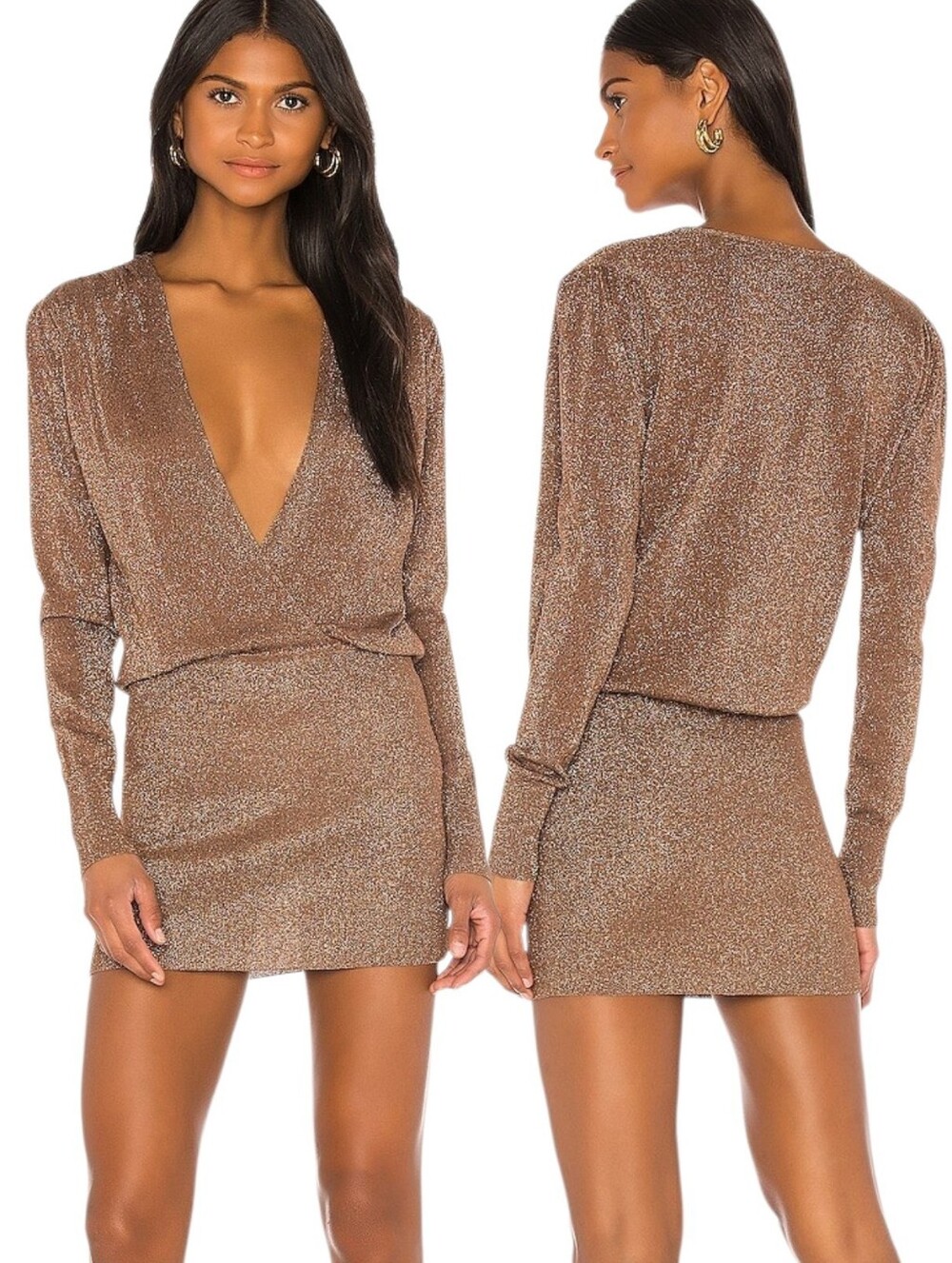 SUPERDOWN 'Aura' Mocha Metallic Draped Sparkly Mini Dress - Size S